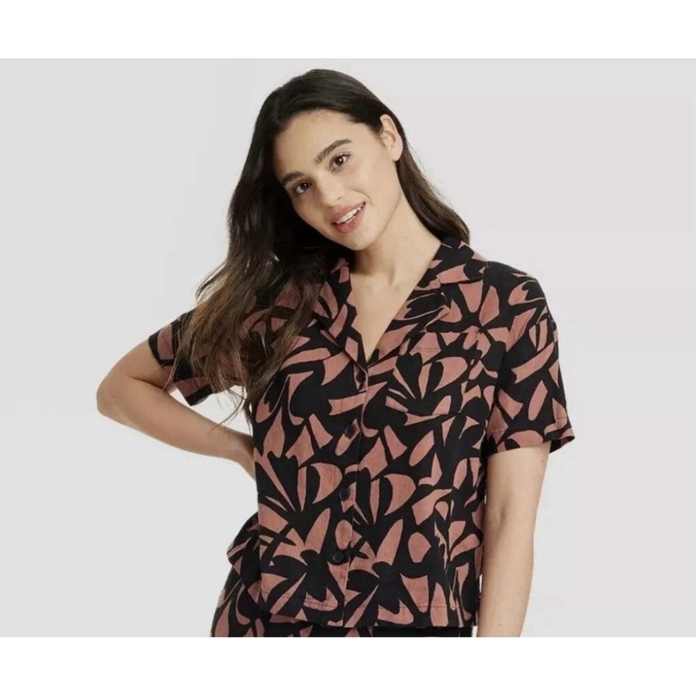 💙A New Day Women's Sz M Top‎ Black Brown Linen Blend Camp Shirt Bowling